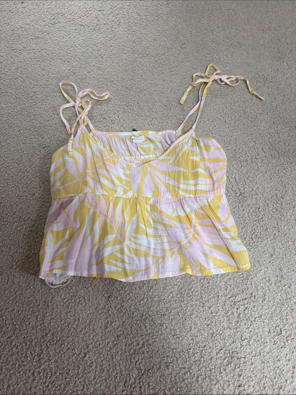 Billabong Yellow and Light Pink Leaf-Print Tie-Strap Crop Top